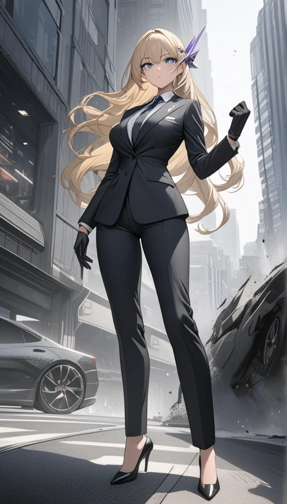 ((masterpiece)), ((high quality)),((ultra-detailed)), ((extremely detailed)),4K,8K, (character portrait), wearing blue pants suit, in business suits, navy collared shirt, a beautiful woman, very tall woman with great style, tight suit, big breasts, slender body, 1girl, solo, purple pupils, perfect hands, perfect face, perfect eyes, perfect body, perfect legs, serious, city background, ,Masterpiece, best quality,punching ,suit, pants, pencil drawning, color accents, color highlights, (grayscale:1.3),blonde hair, long hair, drill hair, hair ornament, headgear, blue eyes, white shirt, gloves, armored pumps, back view, ((full body))