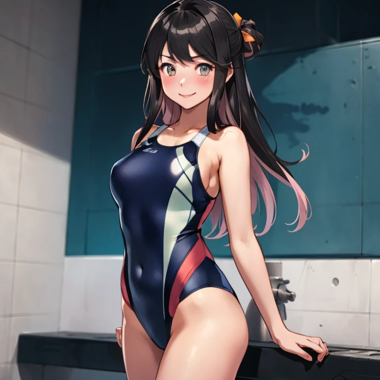 naganami, hair ribbon,
 (masterpiece:1.4),(best quality:1.4), (premium:1.4), (great illustration:1.4), (ultradetailed:1.4),(art CG, 8K),(1girl,solo:1.4),full body, 
,smile,blush,(competition swimsuit:1.4),
