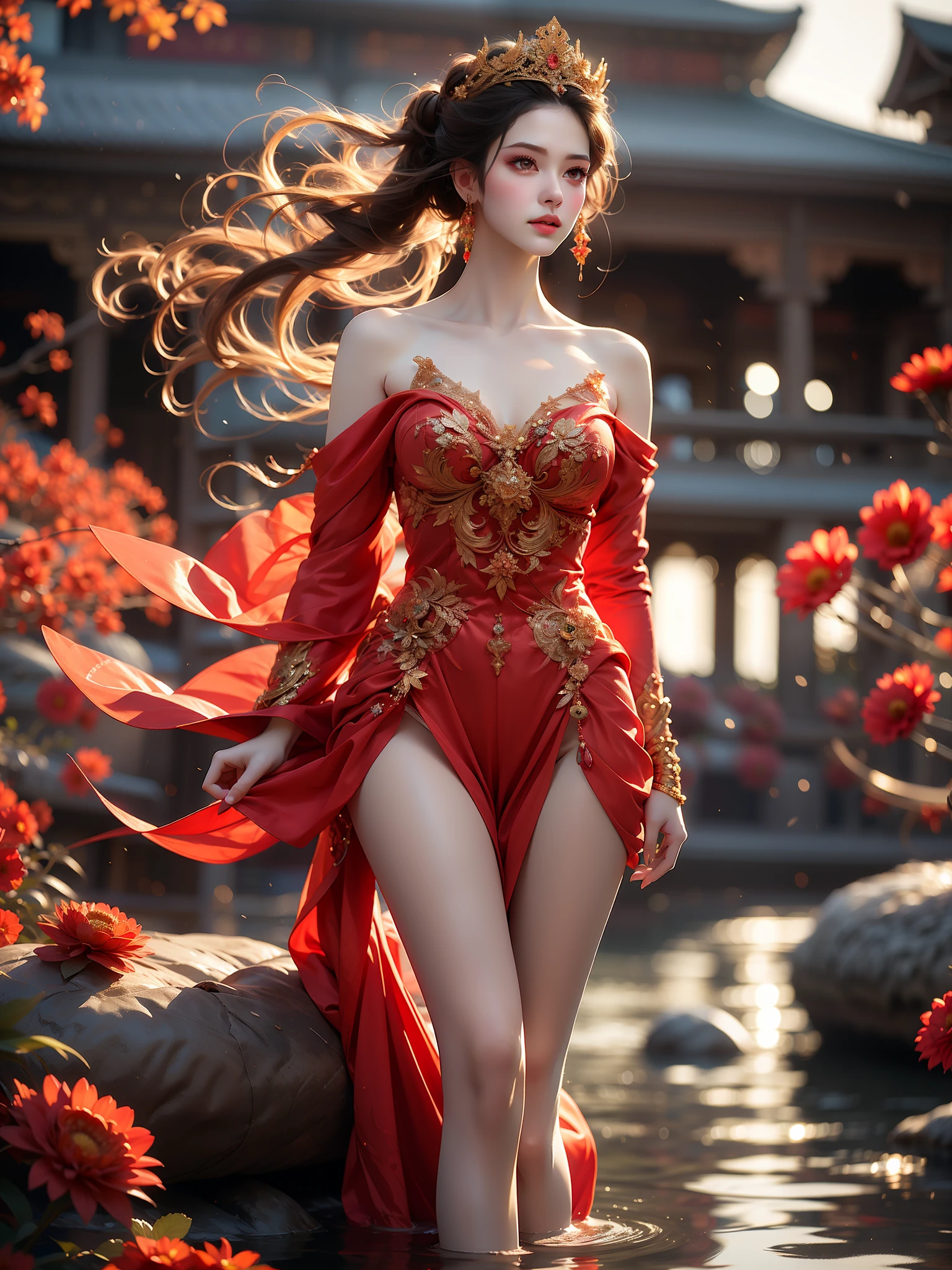 dragon-phoenix gown,  (High quality details), 1 Girl, solo, Young women, Elegant Posture, ((night, moonlight)), (Female figure，Lying in the water naturally，River Water，rock, Relaxed expression), (Focus on natural body posture and correct anatomy:1.3), (Perfect leg proportions:1.3)，(True and accurate leg shape:1.2), ((Natural leg position)), The skirt is very short, One hand stroked the hem of the skirt, Lift the hem of your skirt, Bare shoulders, Natural posture, Soft expression, Exquisite makeup, Soft blush, Bright Eyes, Soft lips, Flower fairy style, ((Anatomically accurate)), (Real natural legs), Smooth skin, Soft lighting, high resolution, 8K Ultra HD, Clear focus, Professional photography effects, Random elegant scenes, Multi-angle shooting