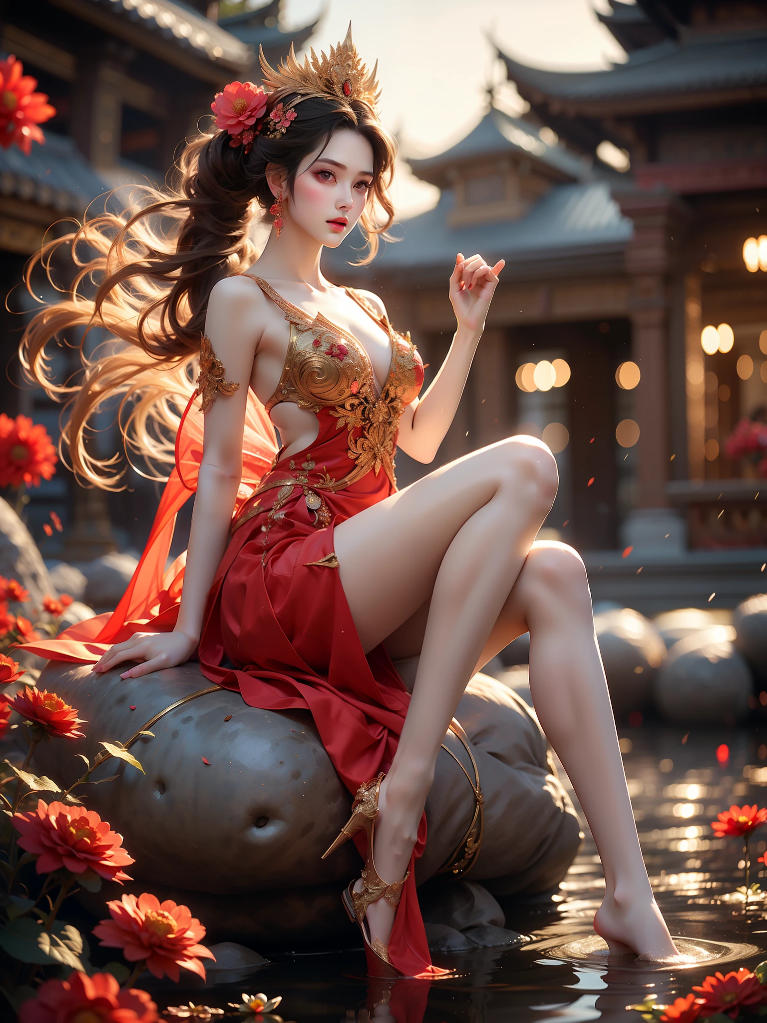 dragon-phoenix gown,  (High quality details), 1 Girl, solo, Young women, Elegant Posture, ((night, moonlight)), (Female figure，Lying in the water naturally，River Water，rock, Relaxed expression), (Focus on natural body posture and correct anatomy:1.3), (Perfect leg proportions:1.3)，(True and accurate leg shape:1.2), ((Natural leg position)), The skirt is very short, One hand stroked the hem of the skirt, Lift the hem of your skirt, Bare shoulders, Natural posture, Soft expression, Exquisite makeup, Soft blush, Bright Eyes, Soft lips, Flower fairy style, ((Anatomically accurate)), (Real natural legs), Smooth skin, Soft lighting, high resolution, 8K Ultra HD, Clear focus, Professional photography effects, Random elegant scenes, Multi-angle shooting