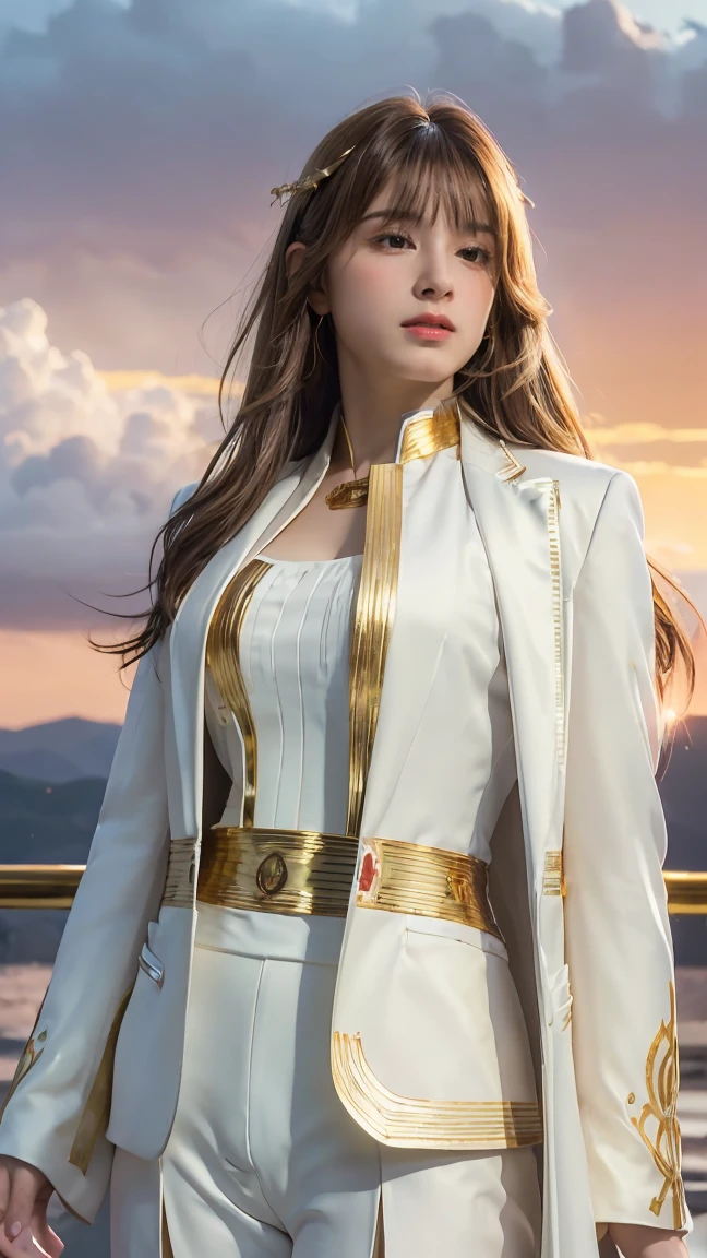 ((Masterpiece, best quality, very detailed), Volumetric light, surrounding occlusion, Rich and colorful, glow), 1 woman, lonely, young girl, (Brown bangs), long hair, radius, radius, sacred, goddess, Priesthood, (White suit with gold trim:1.3), armor, outdoor, sunset, sky, cloud, space, (Fantasy Theme:1.2),