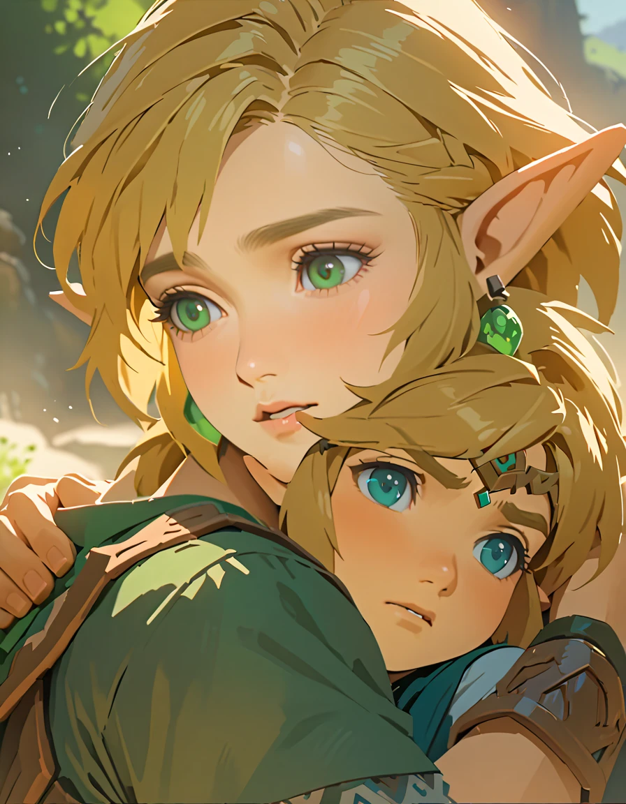 Super detailed, High resolution, Young Link and Zelda hug each other, Blonde、expressive green eyes, The Legend of Zelda, Pointed Ears, Realistic Face