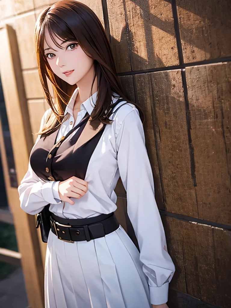 High resolution, 8k, Highest quality, detailed, Semi-realistic anime, 3D anime style, Smooth anime CG, One Girl, 20 year old Japanese woman, slim, Modeled, Shiny brown hair, detailedな顔, Beautiful and detailed, Glowing Skin, Hard Focus、Film Grain, Soft lighting, Looking towards the audience, Laughter, Woman in her 30s,office casual style,White blouse,Black belt,Long Skirt,pumps,Shoulder bag