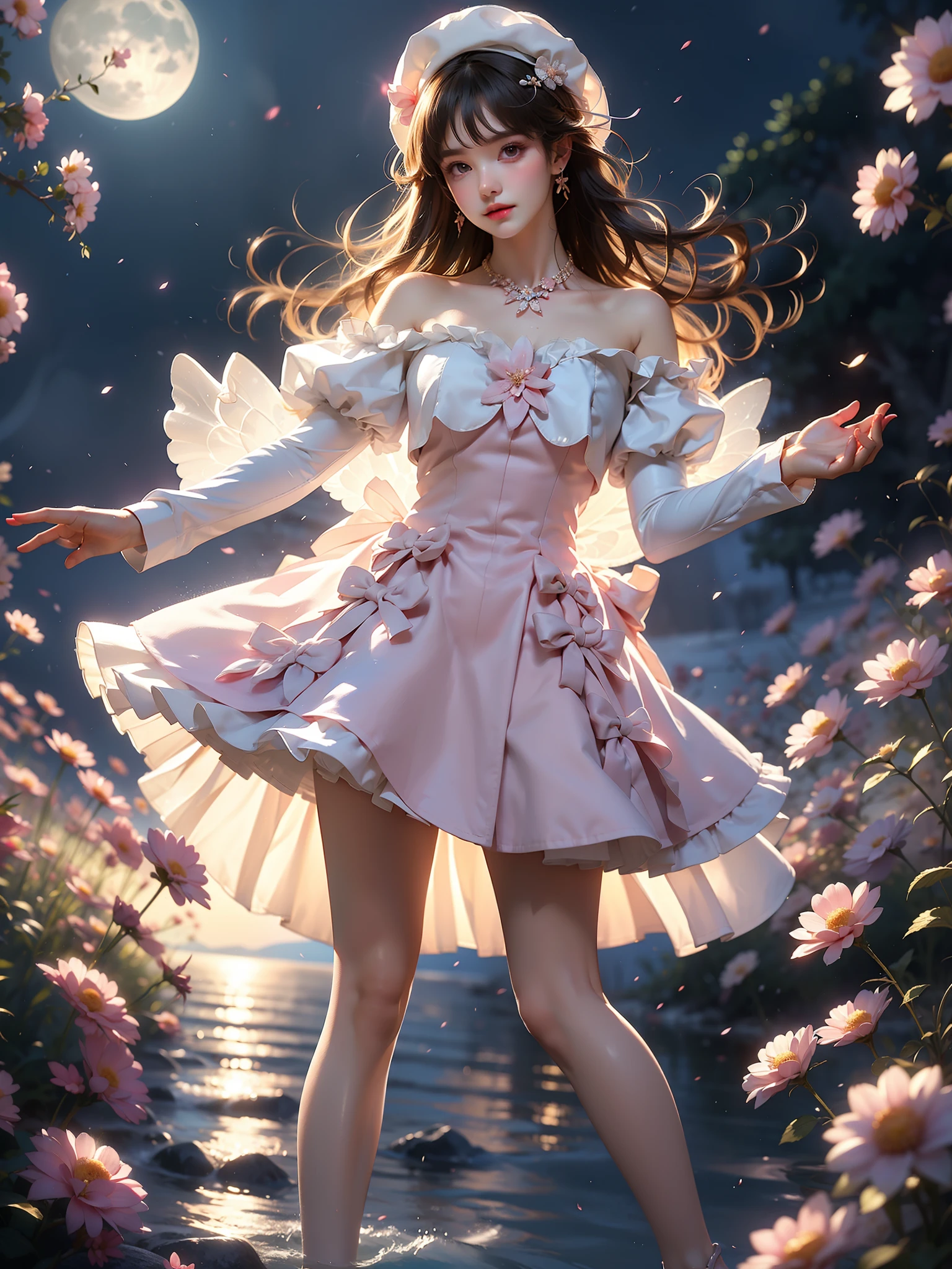 cyb dress, pink dress, dress, pom pom, bow, long sleeves, puffy sleeves, hat (High quality details), 1 Girl, solo, Young women, Elegant Posture, ((night, moonlight)), (Female figure，Lying in the water naturally，River Water，rock, Relaxed expression), (Focus on natural body posture and correct anatomy:1.3), (Perfect leg proportions:1.3)，(True and accurate leg shape:1.2), ((Natural leg position)), The skirt is very short, One hand stroked the hem of the skirt, Lift the hem of your skirt, Bare shoulders, Natural posture, Soft expression, Exquisite makeup, Soft blush, Bright Eyes, Soft lips, Flower fairy style, ((Anatomically accurate)), (Real natural legs), Smooth skin, Soft lighting, high resolution, 8K Ultra HD, Clear focus, Professional photography effects, Random elegant scenes, Multi-angle shooting