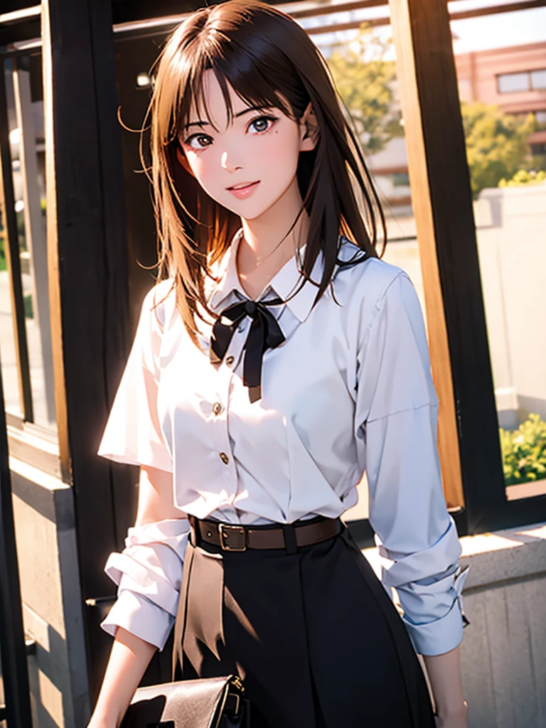 High resolution, 8k, Highest quality, detailed, Semi-realistic anime, 3D anime style, Smooth anime CG, One Girl, 20 year old Japanese woman, slim, Modeled, Shiny brown hair, detailedな顔, Beautiful and detailed, Glowing Skin, Hard Focus、Film Grain, Soft lighting, Looking towards the audience, Laughter, Woman in her 30s,office casual style,White blouse,Black belt,Long Skirt,pumps,Shoulder bag