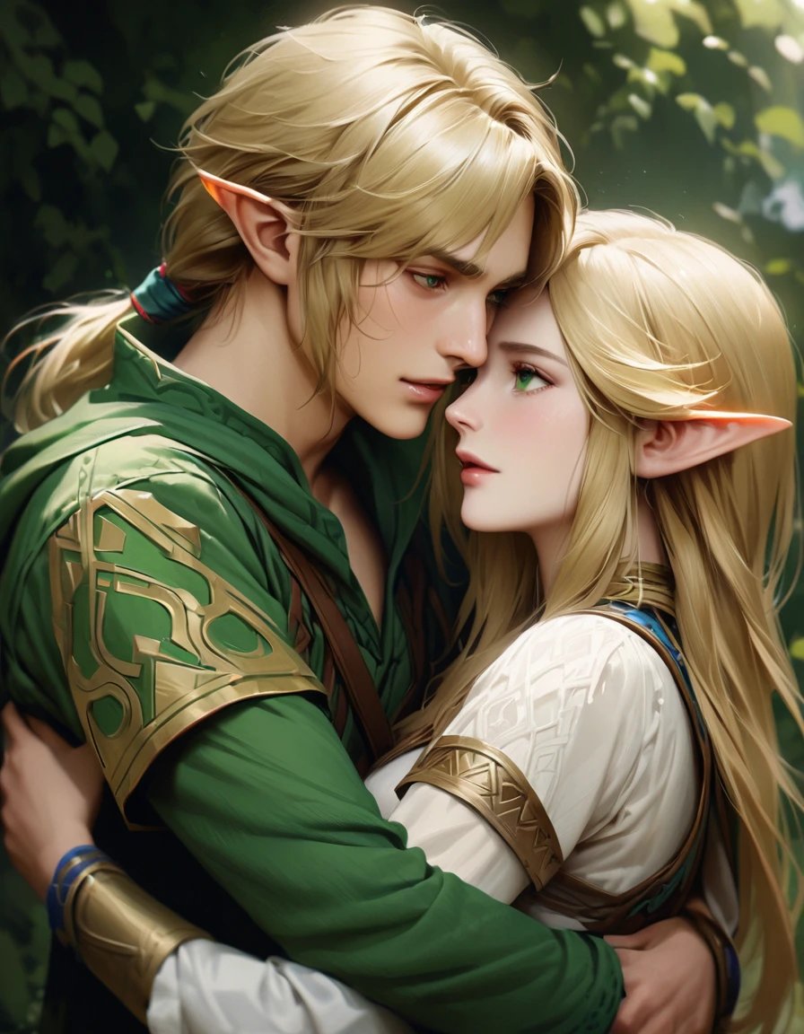 Super detailed, High resolution, Beautiful young man Link and Zelda embrace each other,Gazing at each other、Hug、Love each other、Blonde、expressive green eyes, The Legend of Zelda, Pointed Ears, Realistic Face