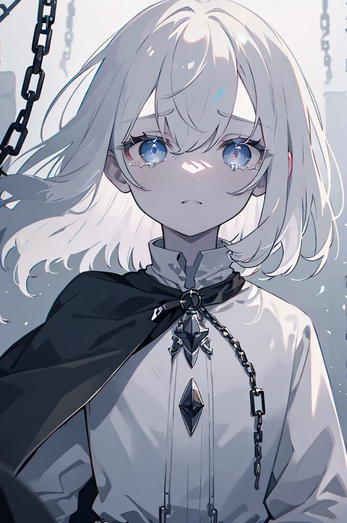 Young boy in chains, Tears flow, Grey Hair, heterochromatic eyes, Dark blue eyes, Pale Ghost, Gloomy atmosphere