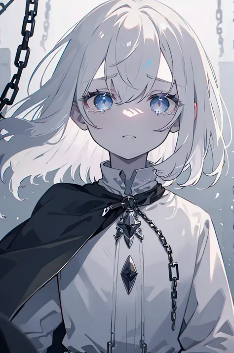 young boy in chains, tears flow, grey hair, heterochromatic eyes, dark blue eyes, pale ghost, gloomy atmosphere