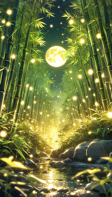 christmas eve, quiet bamboo forest, bamboo leaves fall with the wind, full moon in sky, fireflies fly