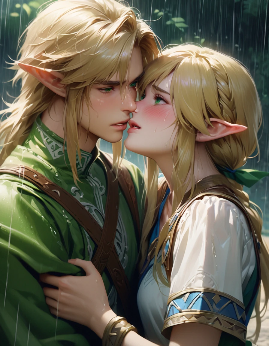 Super detailed, High resolution, Beautiful young man Link and Zelda embrace each other,Passionate kissing、Embarrassed、Love each other、Blonde、expressive green eyes, The Legend of Zelda, Pointed Ears, Realistic Face、rain、Shade、