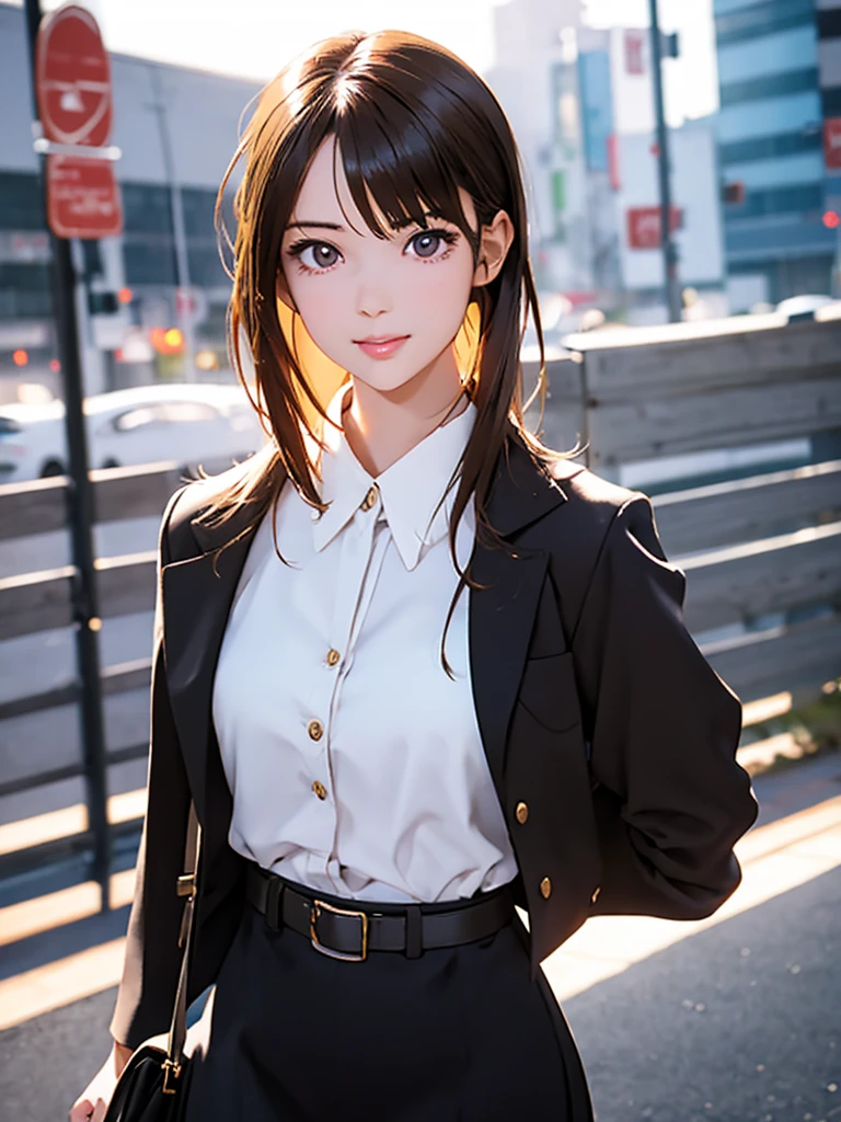 High resolution, 8k, Highest quality, detailed, Semi-realistic anime, 3D anime style, Smooth anime CG, One Girl, 20 year old Japanese woman, slim, Modeled, Shiny brown hair, detailedな顔, Beautiful and detailed, Glowing Skin, Hard Focus、Film Grain, Soft lighting, Looking towards the audience, Laughter, Woman in her 30s,office casual style,White blouse,Black belt,Long Skirt,pumps,Shoulder bag