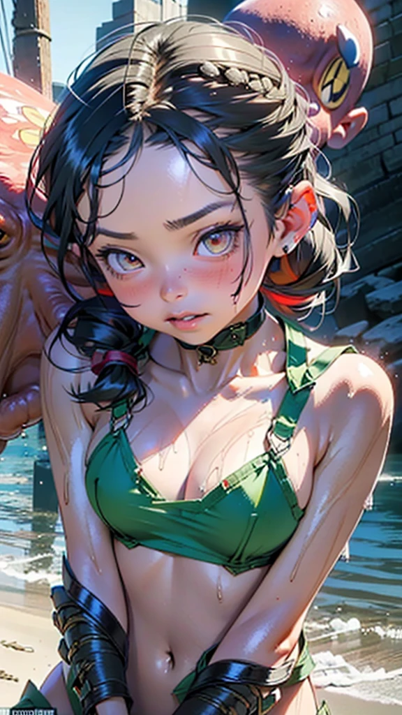 cute elf ,girl, 1girl,(((little ,tiny little body,small))),((())),((anime elf  with extremely cute and beautiful black hair)),(((elf, elf ears))),

(((flat chest))),((((black hair:1.35,hair with a braid,colored inner hair,ear breathing)))),(((red_eyes:1.3))),intricate eyes,beautiful detailed eyes,symmetrical eyes,big eyes:1.5,(((lustrous skin:1.5,bright skin: 1.5,skin tanned,shiny skin,very shiny skin,shiny body,plastic glitter skin,exaggerated shiny skin,illuminated skin))),(delicate detailed fingers,detailed body,detailed arms,human hands,(detailed face)),

cute,slutty,erotic,daring,nsfw,

((red bikini:1.5,striped bikini:1.5,white and red stripes)),revealing clothing,show skin,(semi-naked),(choker,wrist cuffs),((intricate outfit,intricate clothes))),

(dynamic pose:1.0),embarrassed,(centered,scale to fit dimensions,Rule of thirds),

((Sky, Sea, clouds,)), with dark stormy clouds,((beach scenery,intricate scenery)),

(Glossy winter ornaments),highres,sharp focus,(ultra detailed,extremely detailed),(photorealistic artwork:1.37),(extremely detailed CG unity 8k wallpaper),(((vibrant colors,vibrant theme))),(intricate),(masterpiece),(best quality),(((lots of octopus)))((Octopus tentacles wrap around the body))((blush))(((wet with sweat))), смущение, высокая детализация, Octopus tentacles around the waist, разрыв между бедрами, красивые бедра,