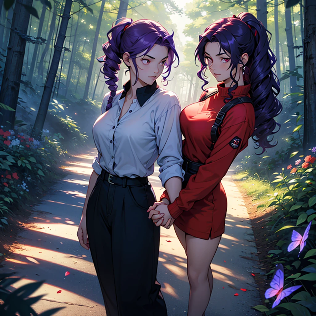 Young guy 1 strong muscular dark blue hair red eyes Young girl with purple hair curly hair red eyes twintails hair big breasts sexy body Holding hands full body view 280 degree view forest with flowers butterflies fireflies at night undefined, undefined, 