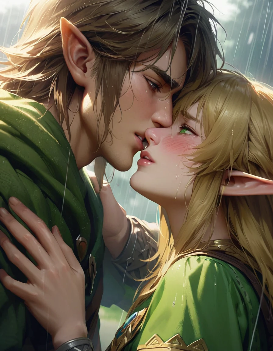 Super detailed, High resolution, Beautiful young man Link and Zelda mate、Passionate kissing、Embarrassed、Love each other、Blonde、expressive green eyes, The Legend of Zelda, Pointed Ears, Realistic Face、rain、Shade、Link&#39;s penis