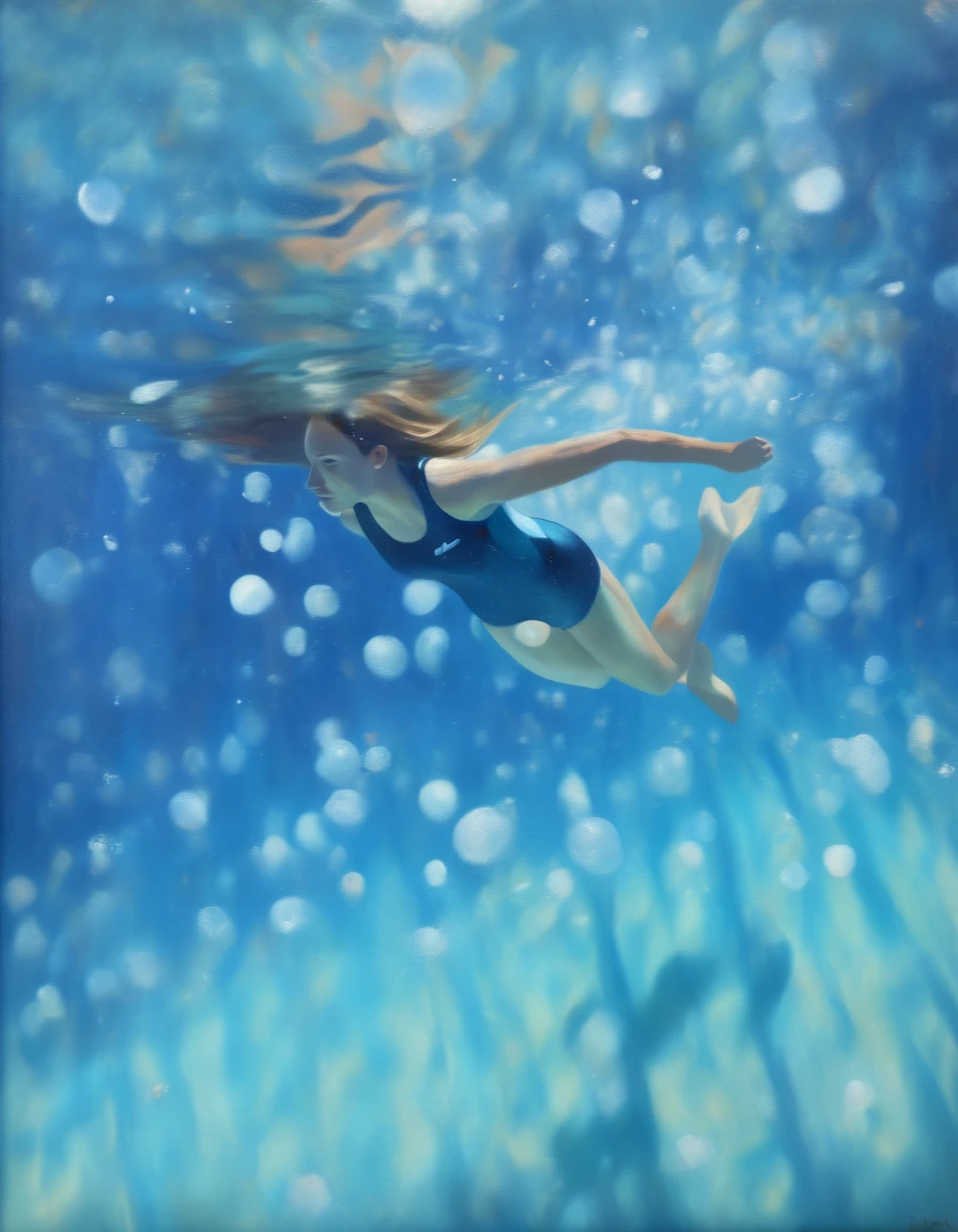 Abstract painting. Long shot, shot of a woman underwater swimming toward the ocean surface. light beam, swimming underwater, long flowing hair, blue one-piece swimsuit, no visible accessories, prone pose, body parallel to the surface, facing away from camera, smooth skin, clear blue water, bubbles, abstract reflections, outdoor environment, watery patterns and light play, tranquil and calming atmosphere, front view, vibrant colors, gentle light diffusion, painterly style, Impressionist, no motion blur, soft depth of field, focused subject. acrylic on canvas, Isabel emrich style