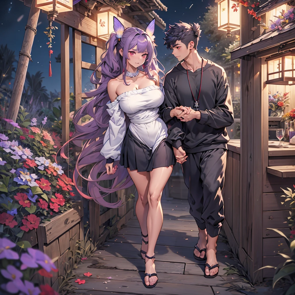 Young man 1 strong muscular dark blue hair long red eyes 1.84 tall wearing a black sweatshirt Young woman with purple hair curly hair red eyes twintails hair big breasts sexy body 1.50 tall wearing a white strapless dress mini skirt Holding hands full body view 280 degree view forest with flowers butterflies fireflies at night Height difference 