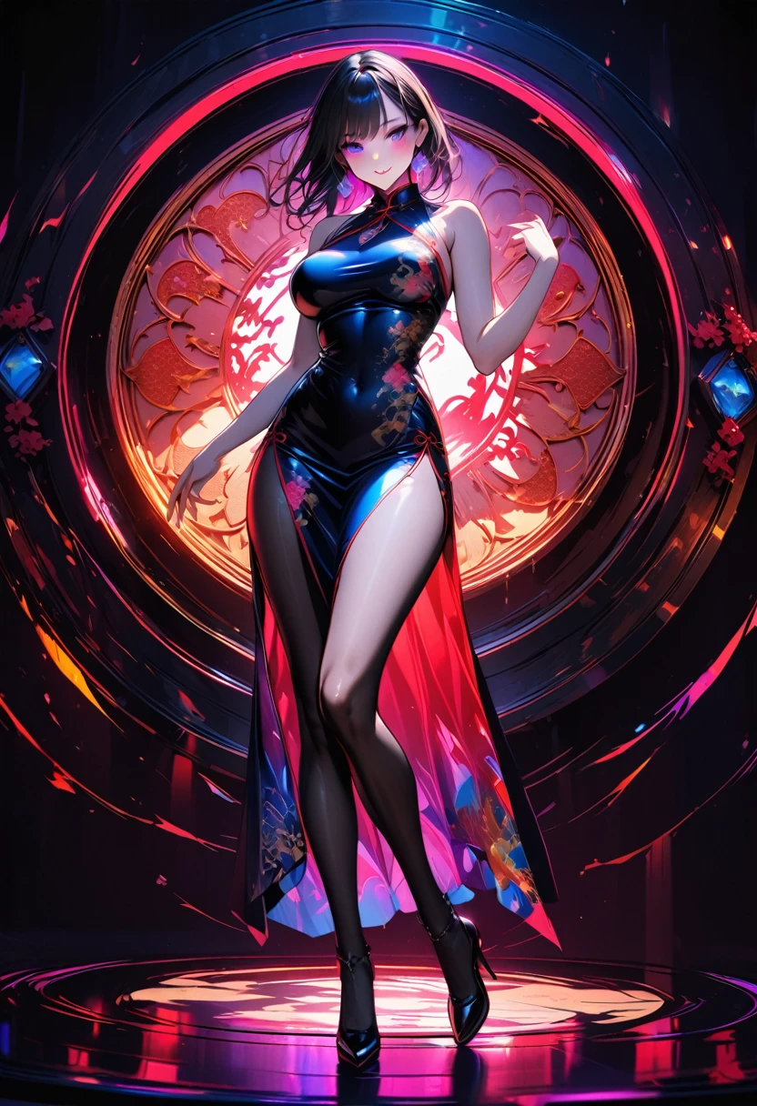 Young beautiful woman,(Highest quality,Extremely detailed depiction,Incredibly absurd high resolution,Anatomically accurate depiction,Glossのある肌,Porcelain-like skin,Curvy Legs),(Colorful gradient patterned Chinese dress:1.5,Gloss),pantyhose,Luxurious rainbow-colored earrings,necklace,eyelash,eye shadow,Glowing purple eyes,Large Breasts,Glossy lips,Shadowed face,A seductive smile,Seductive gestures,whole body:1.3,background:Chinese-style mansion,Dramatic lighting,Volumetric lighting,Healthy painting:1.5