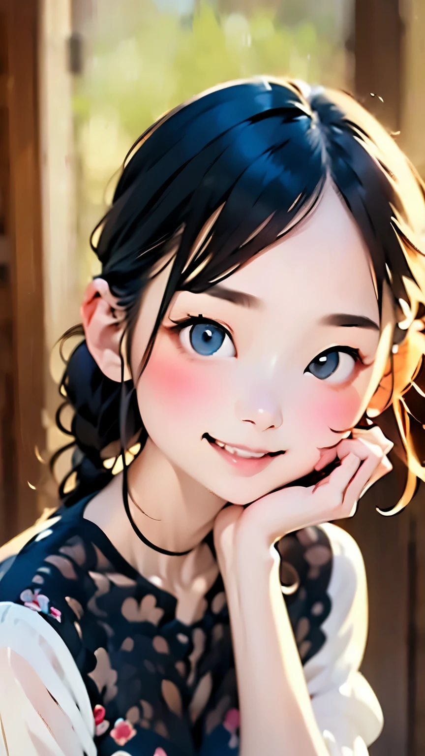 Watercolor，Little ピンクのVネックのシャツと白いショートパンツを着た漫画の若い女の子, Show your teeth and smile big, Big and pretty eyes, Cute Digital Painting, Cute digital art, Beautiful and detailed digital art, cute portrait, Cartoon Art Style, Very cute and stylish black haired girl, Cute realistic portrait, Cute cartoon style, (((Little))) Beautiful art, Realistic and cute girls