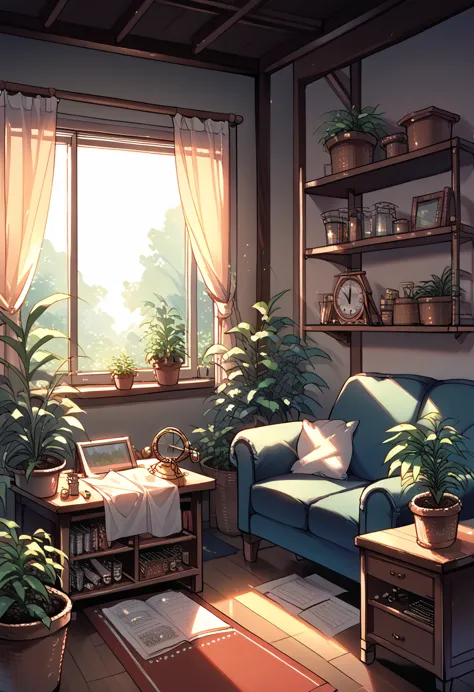 living room, sofa, window, curtains, dappled sunlight, plant in the pot, table, cabinet,bookshelf, paper, наtableьная лампа, typ...