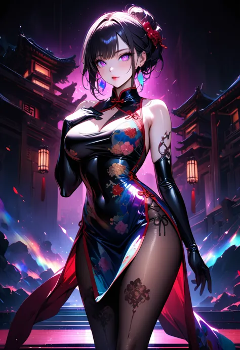 Young beautiful woman,(Highest quality,Extremely detailed depiction,Incredibly absurd high resolution,Anatomically accurate depiction,Glossのある肌,Porcelain-like skin,Curvy Legs),(Colorful gradient patterned Chinese dress:1.5,Gloss),pantyhose,Luxurious rainbow-colored earrings,necklace,eyelash,eye shadow,Glowing purple eyes,Large Breasts,Glossy lips,Shadowed face,A seductive smile,Seductive gestures,whole body:1.3,background:Chinese-style mansion,Dramatic lighting,Volumetric lighting,Healthy painting:1.5