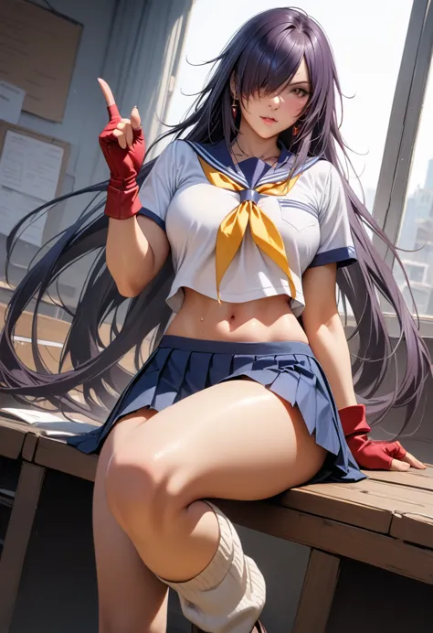 kanu,dark purple hair, hair over one eye, very long hair,school uniform,ultra miniskirt,red fingerless gloves, midriff,navel, lo...