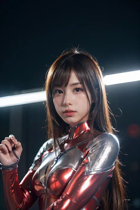 ultraman、realistic、realistic、cinematic lighting, girl in a shiny red and silver suit、、professional photos、don&#39;do not expose ...