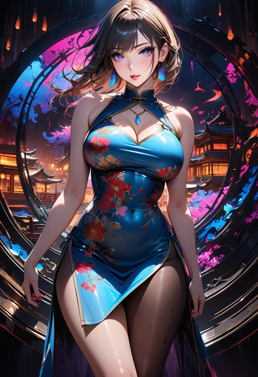 Young beautiful woman,(Highest quality,Extremely detailed depiction,Incredibly absurd high resolution,Anatomically accurate depiction,Glossのある肌,Porcelain-like skin,Curvy Legs),(Colorful gradient patterned Chinese dress:1.5,Gloss),pantyhose,Luxurious rainbow-colored earrings,necklace,eyelash,eye shadow,Glowing purple eyes,Large Breasts,Glossy lips,Shadowed face,A seductive smile,Seductive gestures,whole body:1.3,background:Chinese-style mansion,Dramatic lighting,Volumetric lighting,Healthy painting:1.5