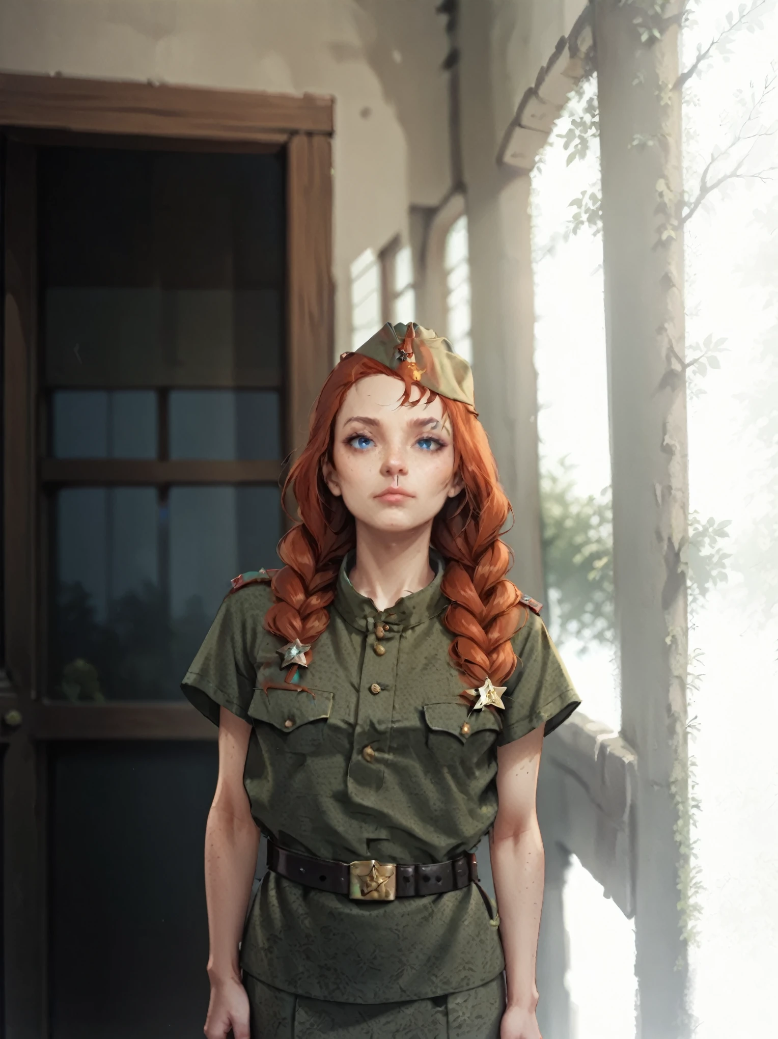 score_9, score_8_up, score_7_up, source_anime BREAK 1girl, solo,Soviet Military uniform, Soviet garrison cap, belt, red hair, braided hair, freckles, salute, look at the viewer, emotionles, T_T, skirt, blue eyes, window, tree  