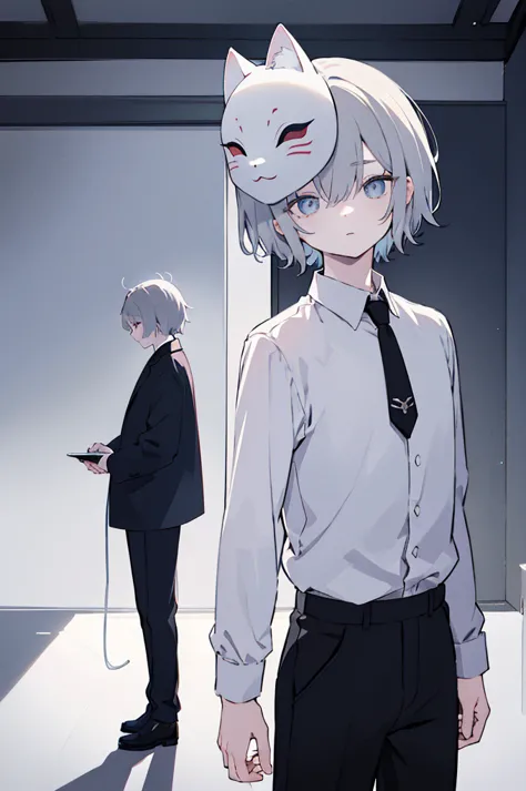 a human boy wearing a cat half mask,handsome shota with grey hair, graceful posture, cinema lighting, dramatic shadows, a calmin...