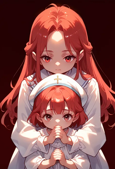 girls children red hair with straight hair on the head blue color, pray, red background,