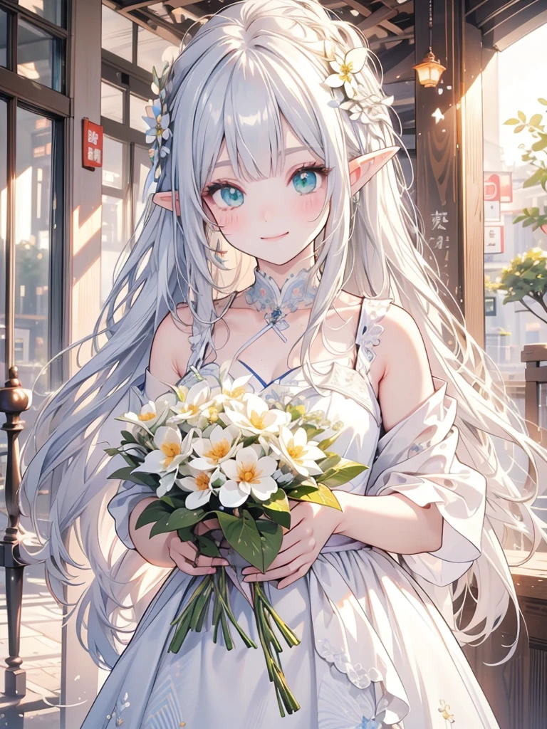 masterpiece, best quality, 1lady, ultra detailed, ultra highres, 8k, well-definded facial features, anatomically correct, cute lady, long pointy ears, elf, nice face, silver hair, green eyes, rainbow  dress, hair flower, full-face blush, holding bouquet, smile, Ukiyo-e,