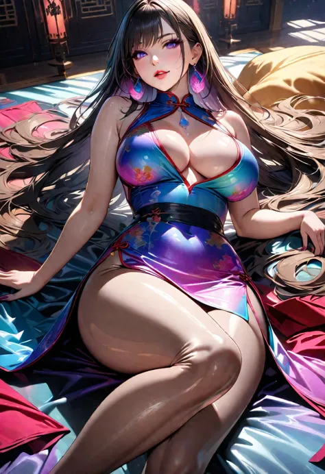 Young beautiful woman,(Highest quality,Extremely detailed depiction,Incredibly absurd high resolution,Anatomically accurate depiction,Glossのある肌,Porcelain-like skin,Curvy Legs),(Colorful gradient pattern:1.5,Colorful Chinese Dress:1.5,Gloss),pantyhose,Luxurious rainbow-colored earrings,necklace,eyelash,eye shadow,Glowing purple eyes,Large Breasts,Glossy lips,Shadowed face,A seductive smile,Seductive gestures,whole body:1.3,background:Chinese-style mansion,Dramatic lighting,Volumetric lighting,Healthy painting:1.5