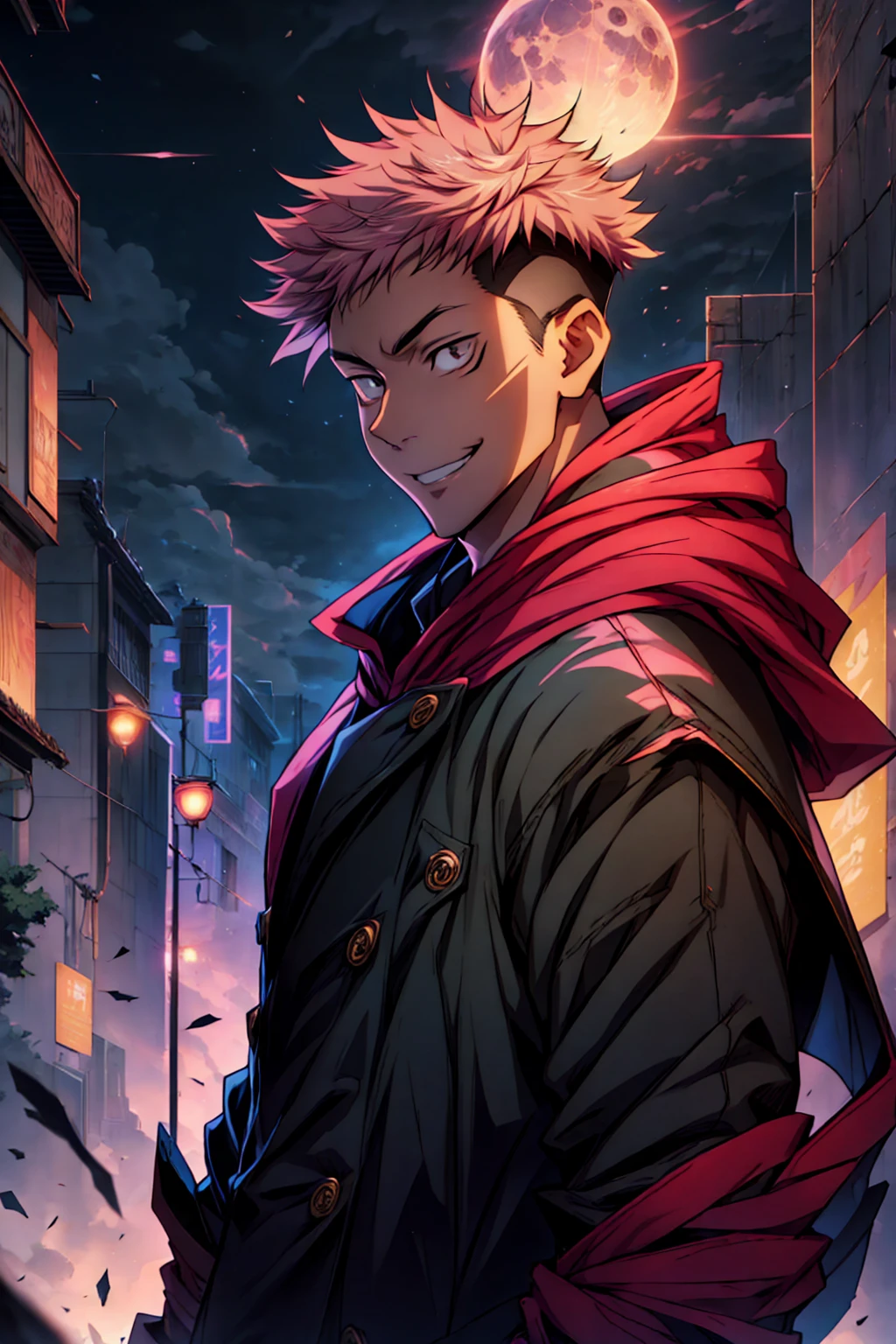 1boy, full body shot, 173 cm, itadori yuuji, black outfit, pink hair, look at sky, smile, red and dark moon city night background, wallpaper, cinematic,High resolution 8K, Bright light illumination, lens flare, sharpness, masterpiece, top-quality, The ultra -The high-definition, high resolution, extremely details CG, Anime style, Film Portrait Photography,masterpiece,hyperdetail