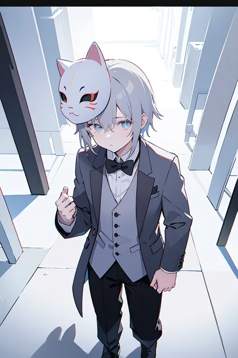 a human boy wearing a cat half mask,handsome shota with grey hair, graceful posture, cinema lighting, dramatic shadows, a calmin...