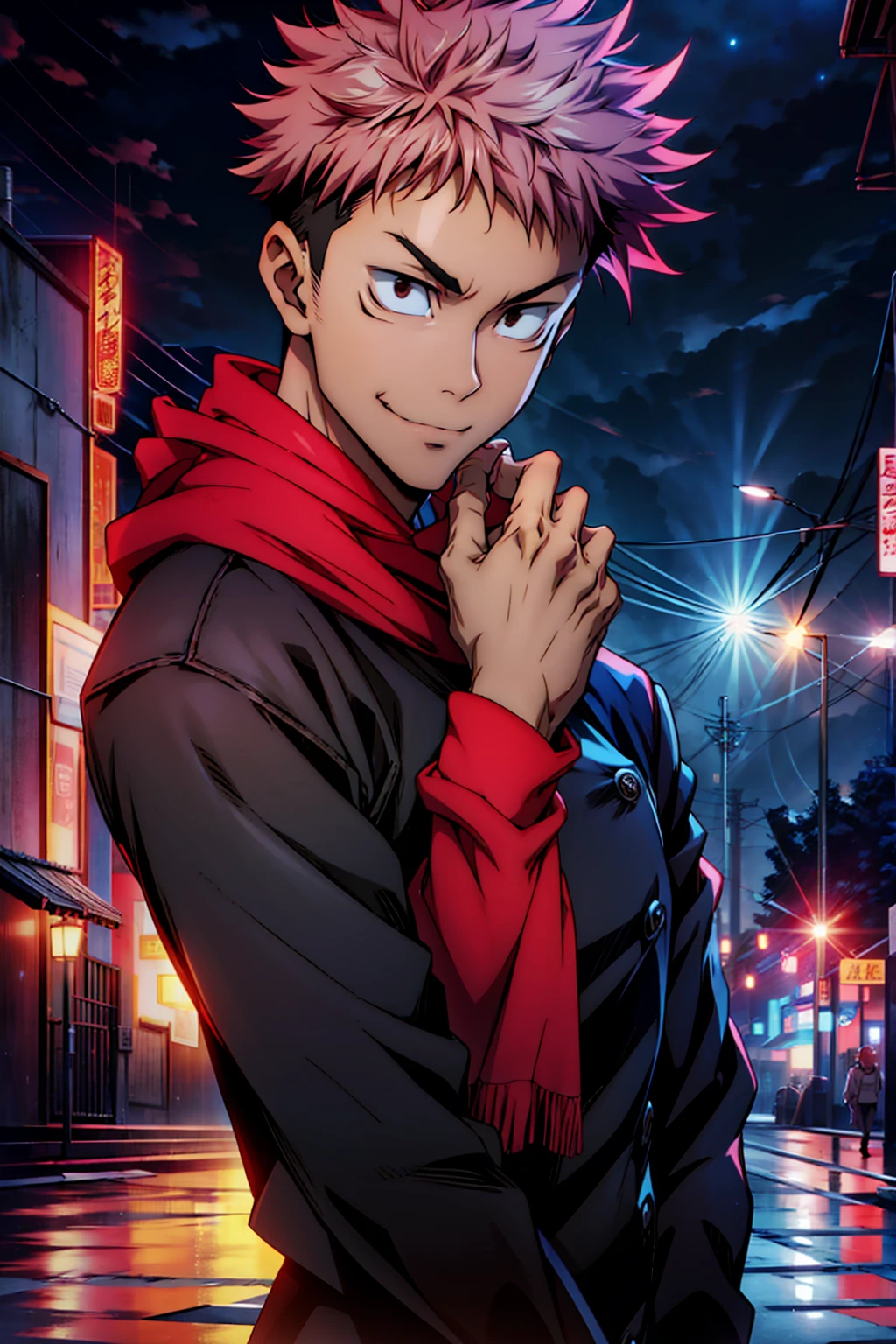 1boy, full body shot, 173 cm,perfect hand and fingers, itadori yuuji, black outfit, pink hair, look at sky, smirk, red and dark moon city night background, wallpaper, cinematic,High resolution 8K, Bright light illumination, lens flare, sharpness, masterpiece, top-quality, The ultra -The high-definition, high resolution, extremely details CG, Anime style, Film Portrait Photography,masterpiece,hyperdetail