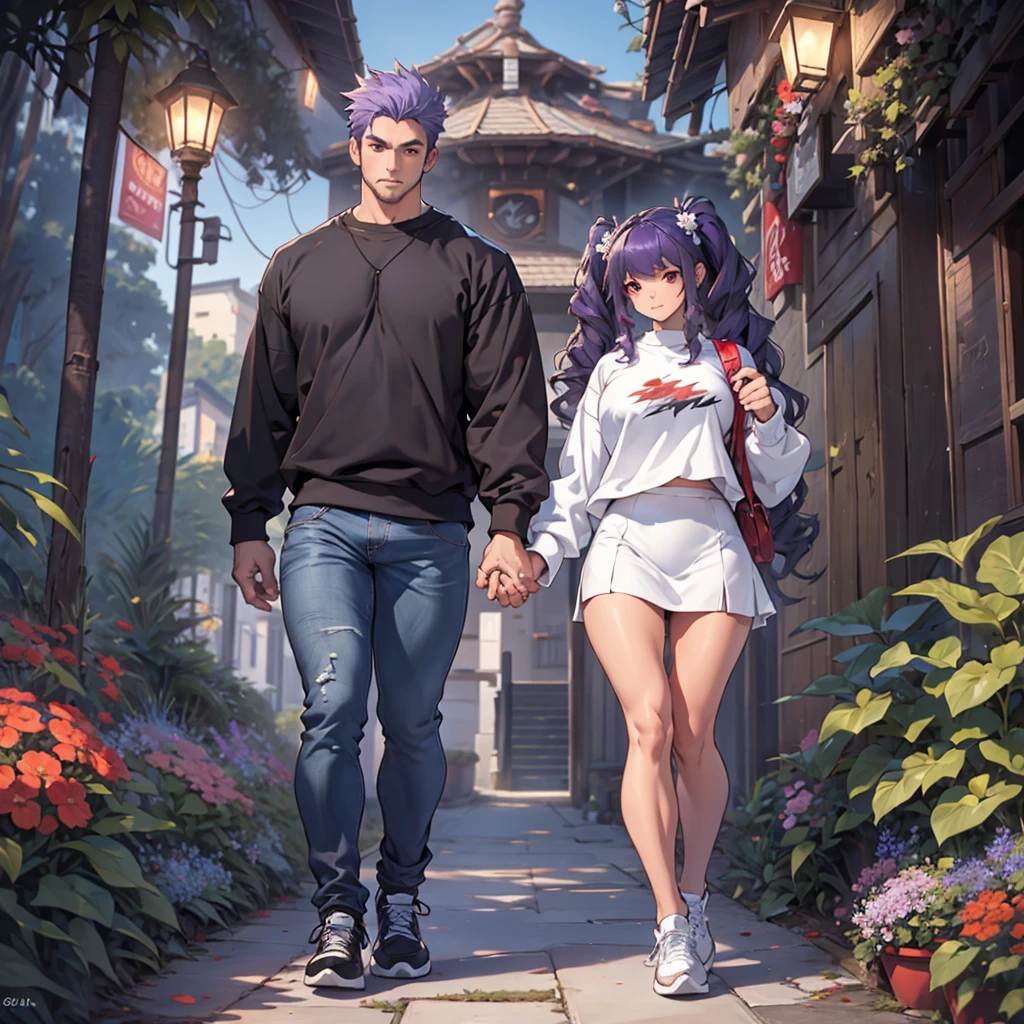 A couple, a man and a woman holding hands. Man, 1, strong, muscular, dark blue hair, long red eyes, 1.84 m tall, wearing a black sweatshirt, blue jeans, black sneakers, girl with purple hair, curly hair, red eyes, twintails, big breasts, sexy body, 1.50 m tall, wearing a white mini skirt. Holding hands, full body view, 280 degree view, forest with flowers at night. Size difference. 