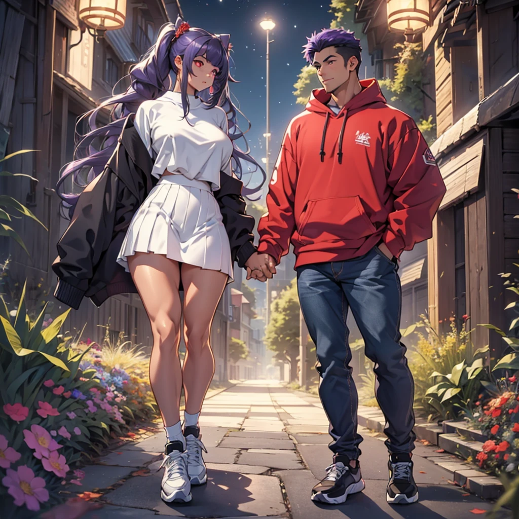 A couple, a man and a woman holding hands. Man, 1, strong, muscular, dark blue hair, long red eyes, 1.84 m tall, wearing a black sweatshirt, blue jeans, black sneakers, girl with purple hair, curly hair, red eyes, twintails, big breasts, sexy body, 1.50 m tall, wearing a white mini skirt. Holding hands, full body view, 280 degree view, forest with flowers at night. Size difference. 