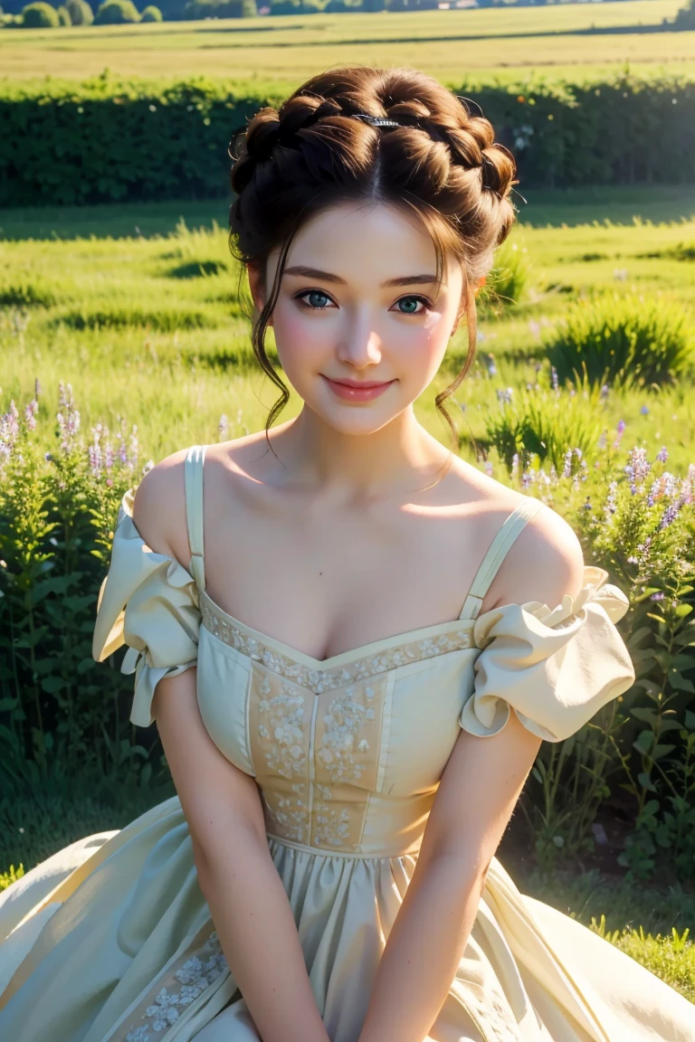 ((masterpiece, best quality))
 Asa Ebi, 1 woman, alone, brown hair, green eyes, hair updo, in a wildflower field, wearing a flowing dress, smiling