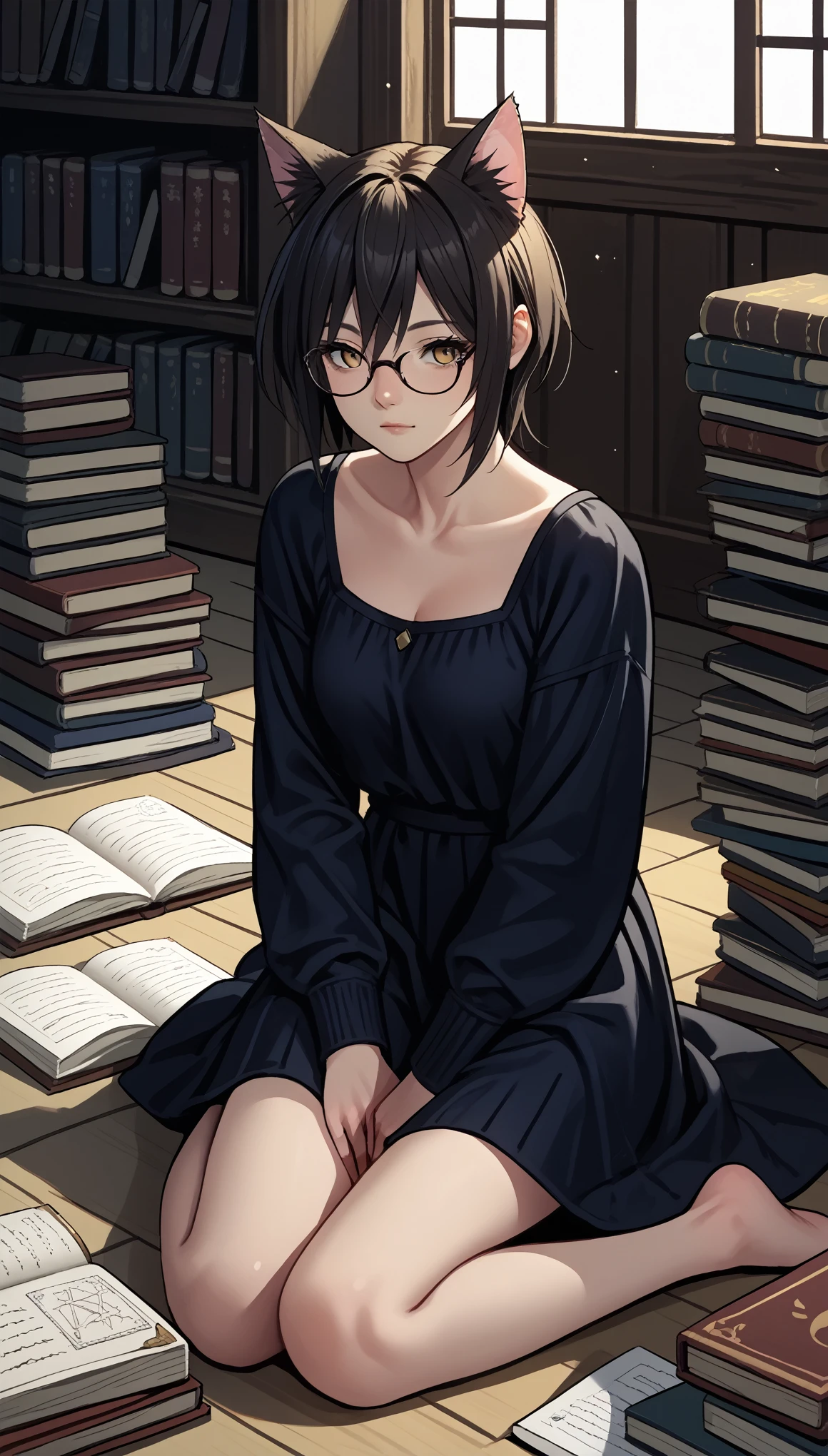 (zPDXL2), (PonyXLV6_Scores), source_anime, Expressiveh, BREAK 
anime girl sitting on the floor with a cat and a book, makoto shinkai and artgerm, range murata and artgerm, artgerm and atey ghailan, with glasses, anime cat, beautiful anime catgirl, anime girl with cat ears, attractive cat girl, artwork in the style of guweiz, very beautiful cute catgirl
