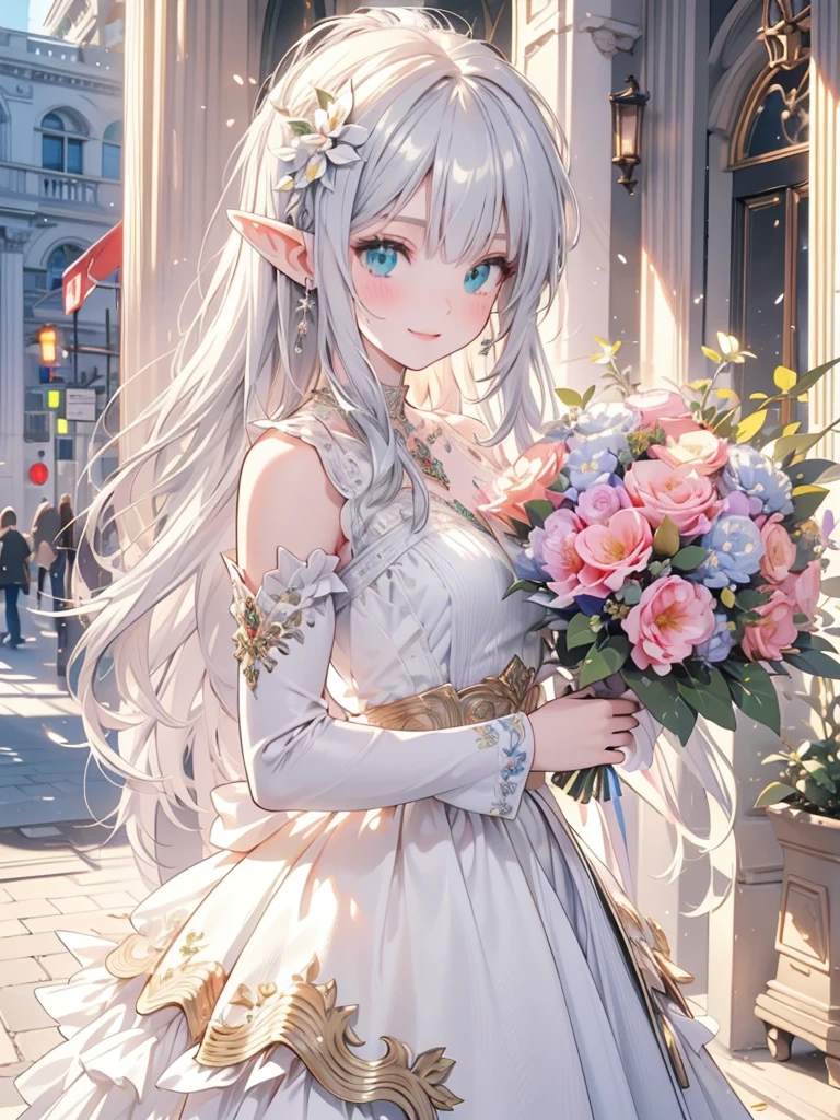 masterpiece, best quality, 1lady, ultra detailed, ultra highres, 8k, well-definded facial features, anatomically correct, cute lady, long pointy ears, elf, nice face, silver hair, green eyes, rainbow  dress, hair flower, full-face blush, holding bouquet, smile, Art Deco, 