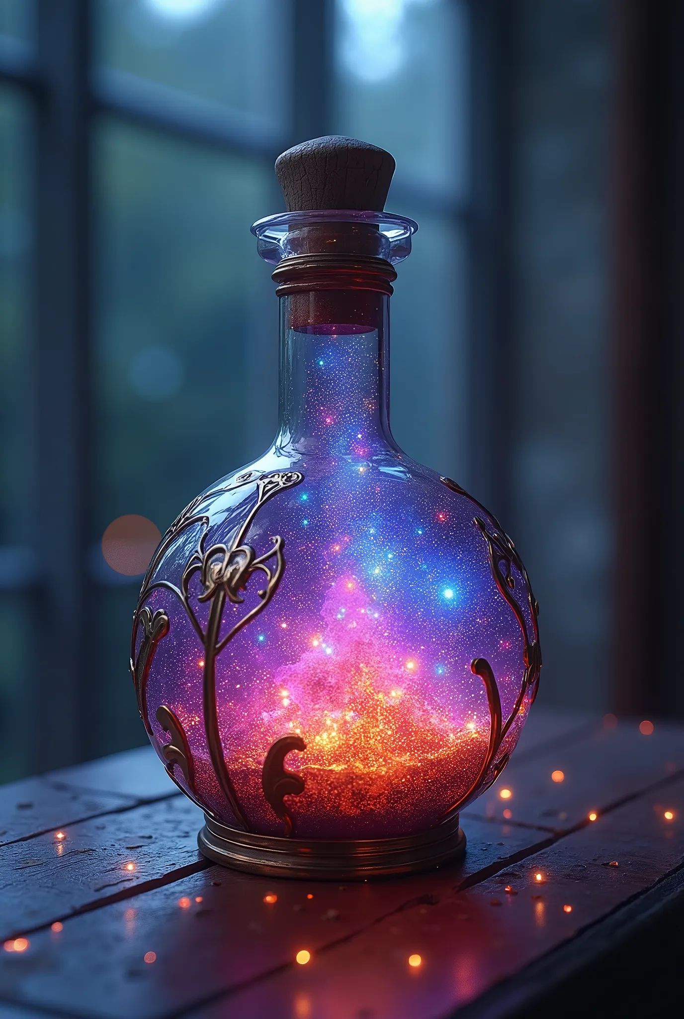 professional photography, digital art, close-up shot of an magic alchemist glass bottle contain over-bright sparkling and glowing light star dust with vibrant gradient colors, dream potion, medieval theme, fantasy