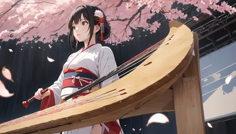 outdoor stage with golden cherry blossoms、japanese style musical instruments、かわいい着物を着た女の子達がjapanese style musical instrumentsを演奏...