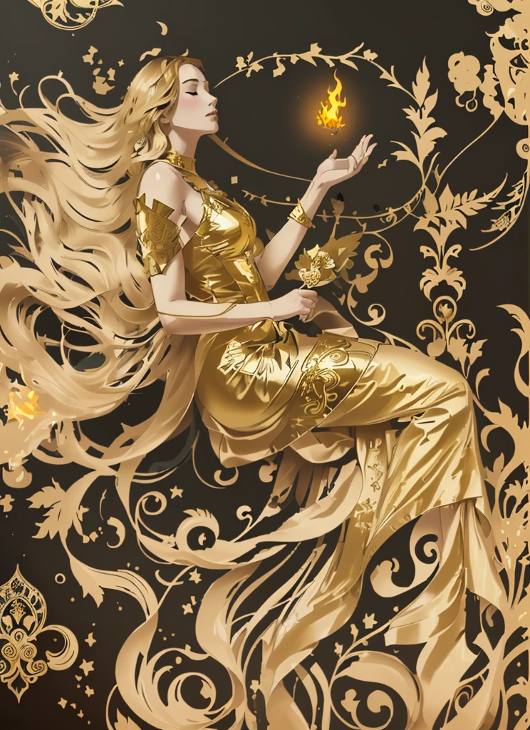 a Art Nouveau gold line art of a woman  floating in air,  The goddess is wearing elegant dress and gracefully lying in the air. She has a long hair burning of fire 