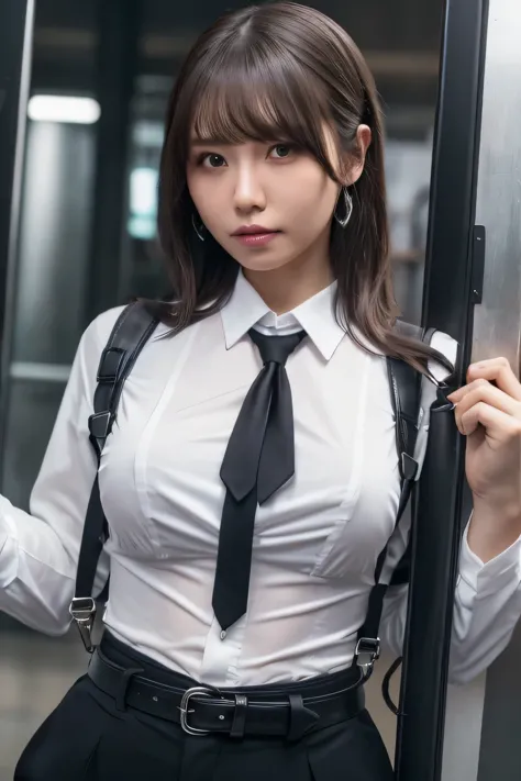 a woman in a suit, belt, hands behind back, sweating, suspenders, black pants, large breasts, see-through clothing, rain, detect...