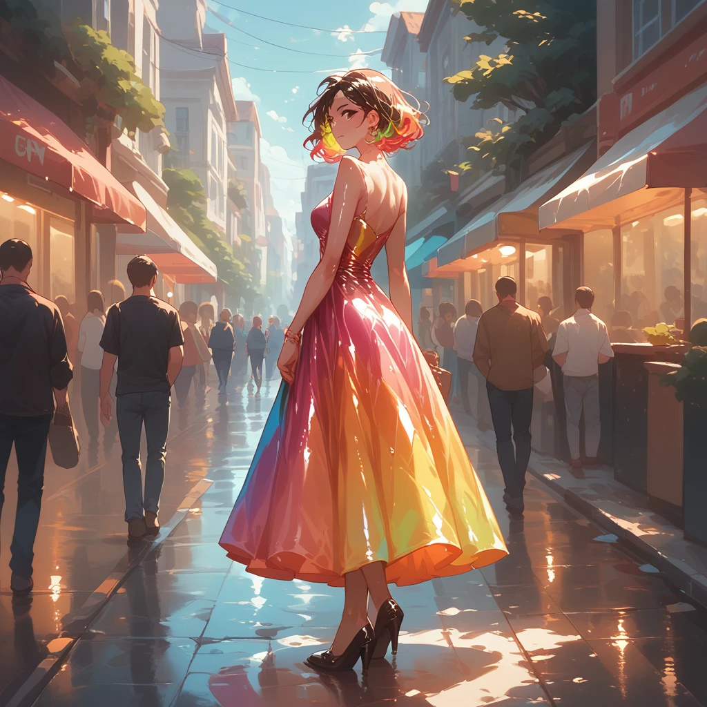 A woman wearing colorful gradient image dress, shiny skin, standing in a colorful street 