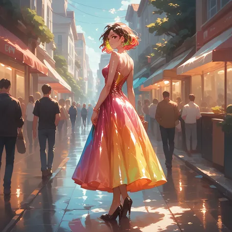 a woman wearing colorful gradient image dress, shiny skin, standing in a colorful street