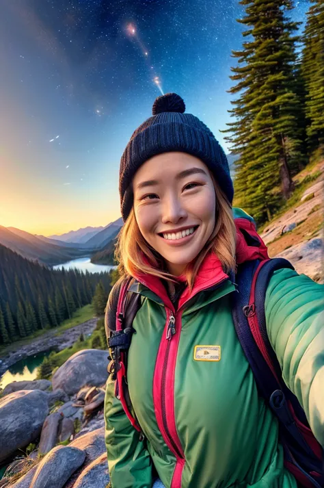 1 woman((upper body selfie, happy)), masterpiece, best quality, ultra-detailed, solo, outdoors, (night), mountains, nature, (sta...