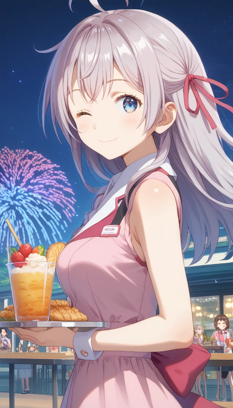 A cheerful smiling female waitress carrying a large parfait with a colorful gradient,Surprisingly large parfait,tray,Brown Hair,Wink,A cafe decorated,Fancy space,celebration,cracker,firework,spark,ウェイトレスユニフォーム,Wink, score_9, score_8_up, score_7_up, source_アニメ, masterpiece, absurdres, medium breasts ,perfect face, 1girl, cute expression, smiling, looking at viewer, standing, arched back, alisamikhailovna, Alisa Mikhailovna Kujou, long hair, bangs, Blue eyes, ahoge, gray hair, red ribbon,