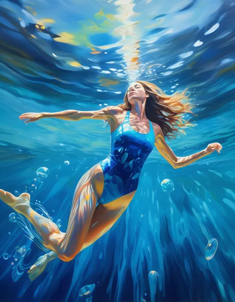 abstract painting. impressionist, (full body) arms outstretched long shot, shot of a woman underwater swimming toward the ocean ...