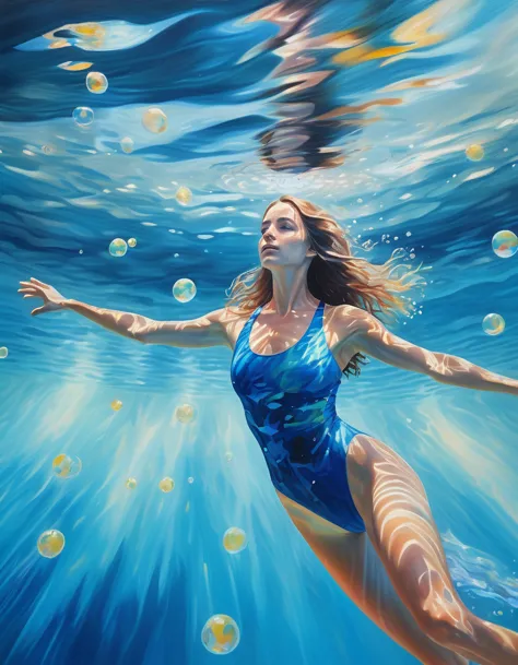 abstract painting. impressionist, (full body) arms outstretched long shot, shot of a woman underwater swimming toward the ocean ...